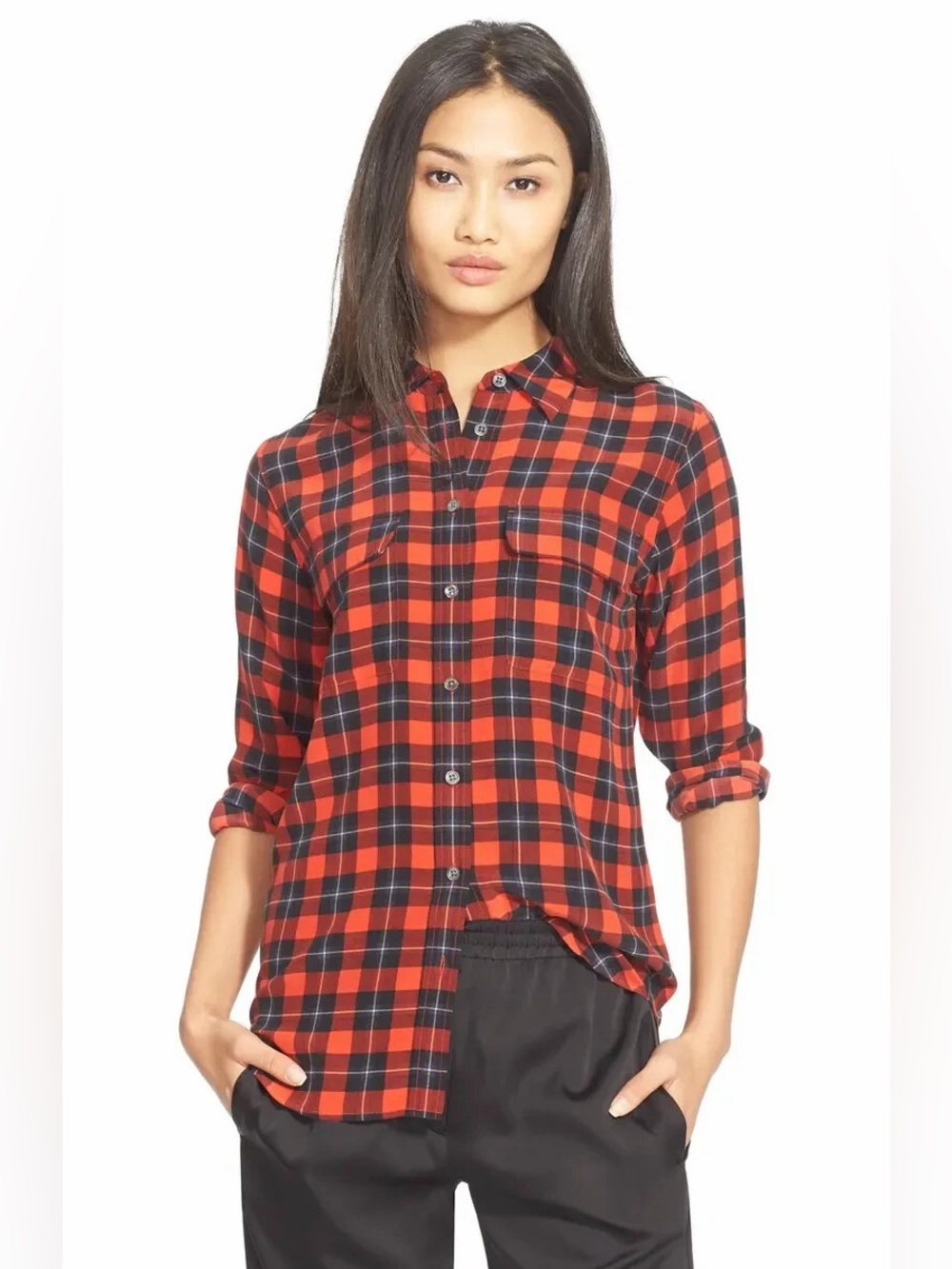 Equipment Femme Red and Black Plaid Button-Down Shirt